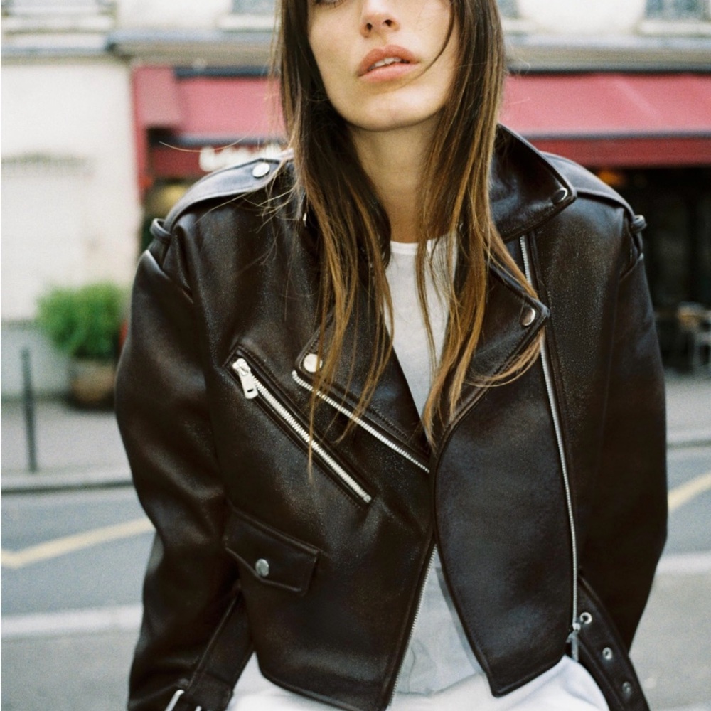 Zara Shiny Biker Jacket - DARK BROWN | 3046/058/716